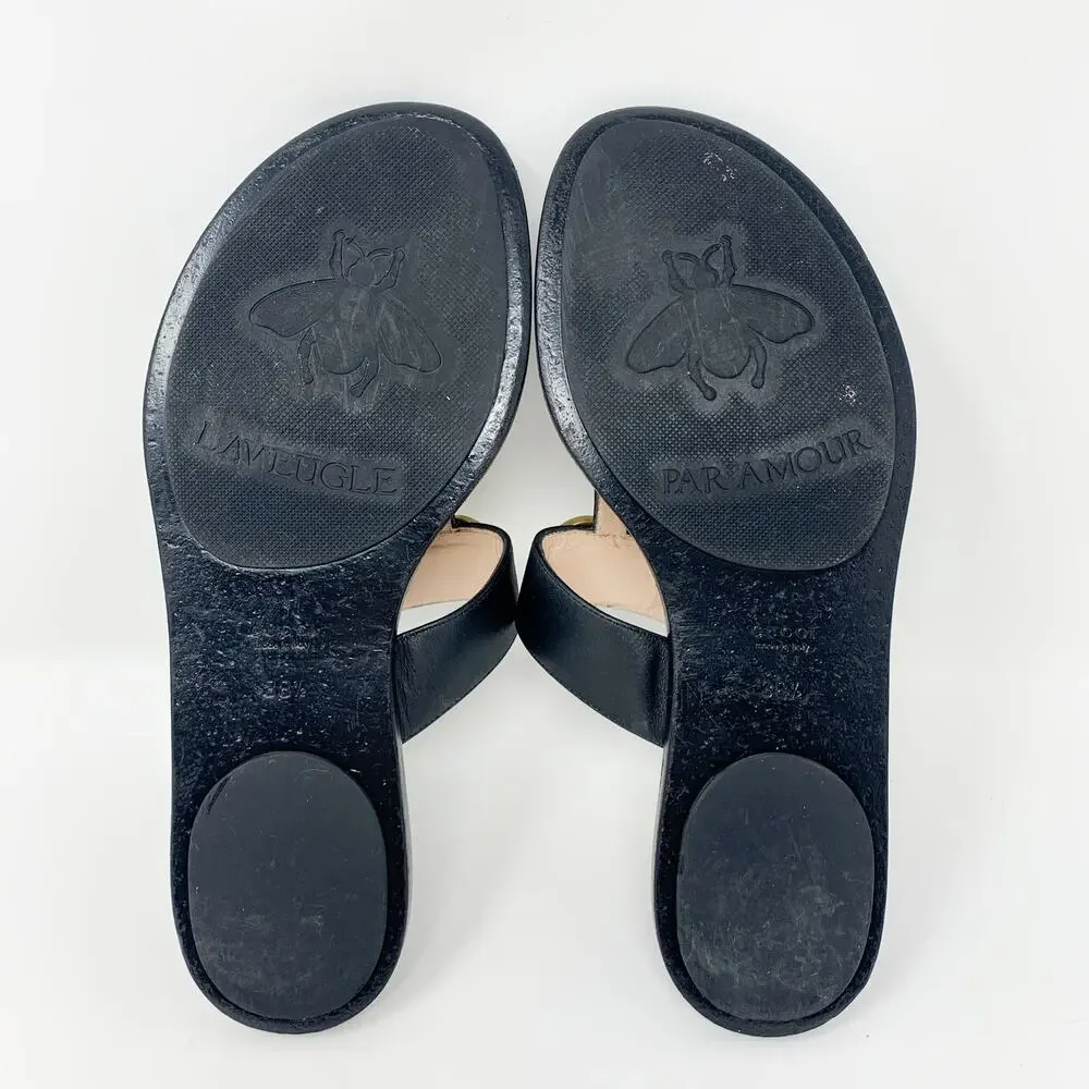 Gucci Marmont GG Black Leather Thong Sandals Gold Logo EU 38.5